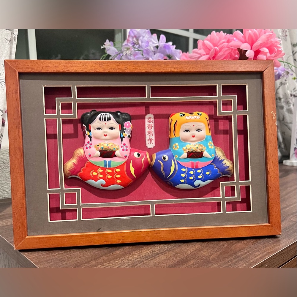 Vintage Asian Clay Figurines Framed Shadow Box 12x8